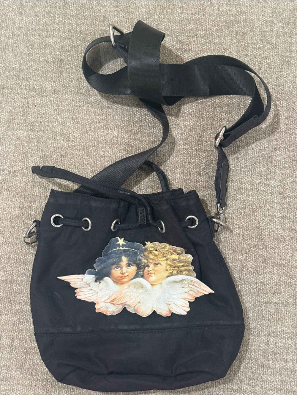 Fiorucci Black Drawstring Crossbody with Twin Angel Graphic